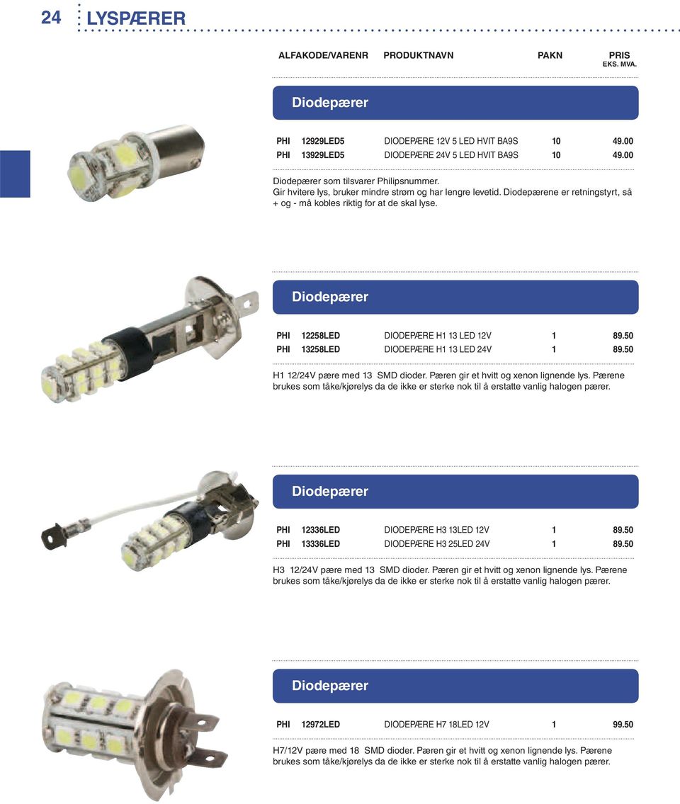 50 PHI 13258LED DIODEPÆRE H1 13 LED 24V 1 89.50 H1 12/24V pære med 13 SMD dioder. Pæren gir et hvitt og xenon lignende lys.