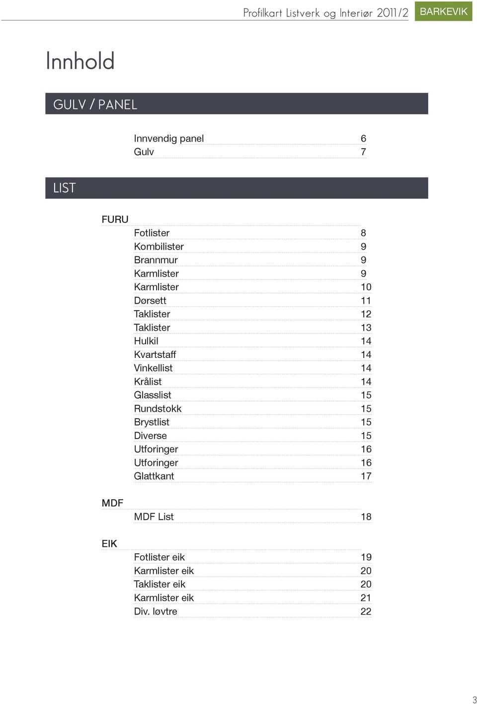 Kvartstaff 14 Vinkellist 14 Krålist 14 Glasslist 15 Rundstokk 15 Brystlist 15 Diverse 15 Utforinger 16