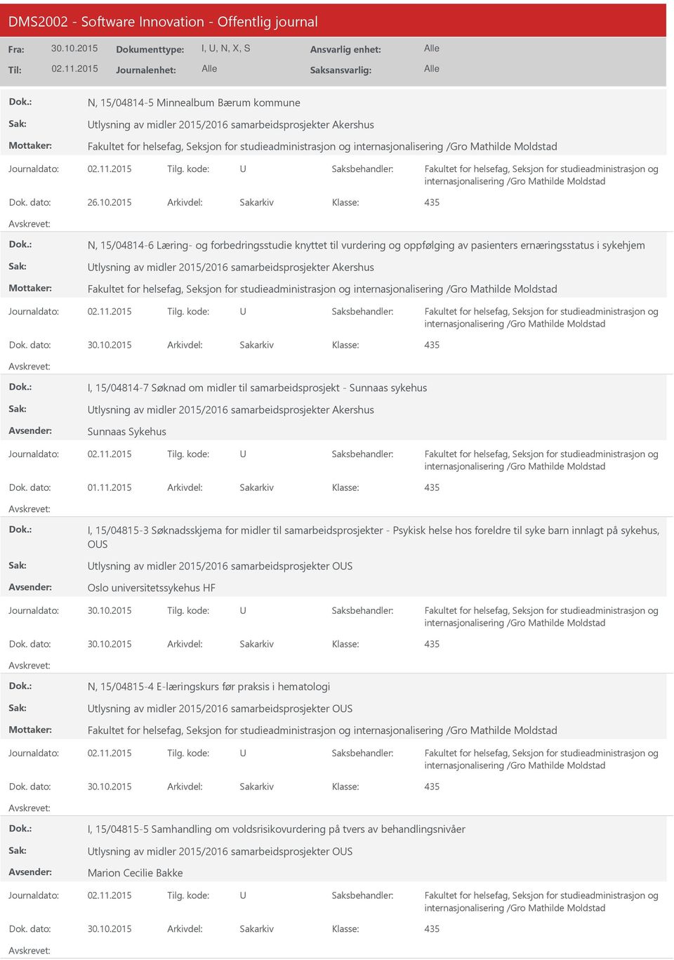 2015 Arkivdel: Sakarkiv 435 N, 15/04814-6 Læring- og forbedringsstudie knyttet til vurdering og oppfølging av pasienters ernæringsstatus i sykehjem tlysning av midler 2015/2016 samarbeidsprosjekter