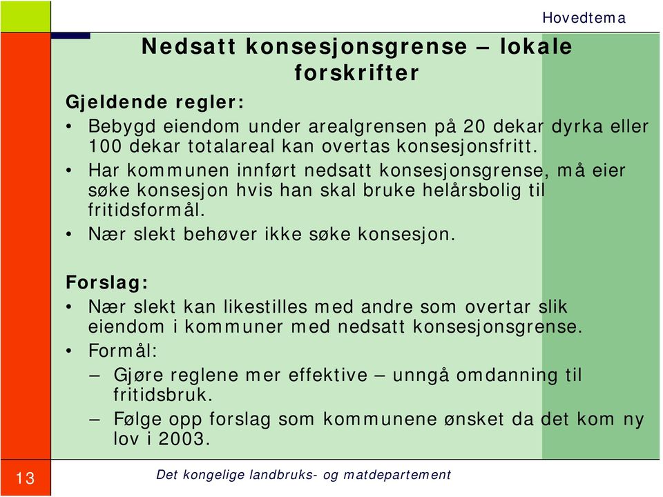 Har kommunen innført nedsatt konsesjonsgrense, må eier søke konsesjon hvis han skal bruke helårsbolig til fritidsformål.