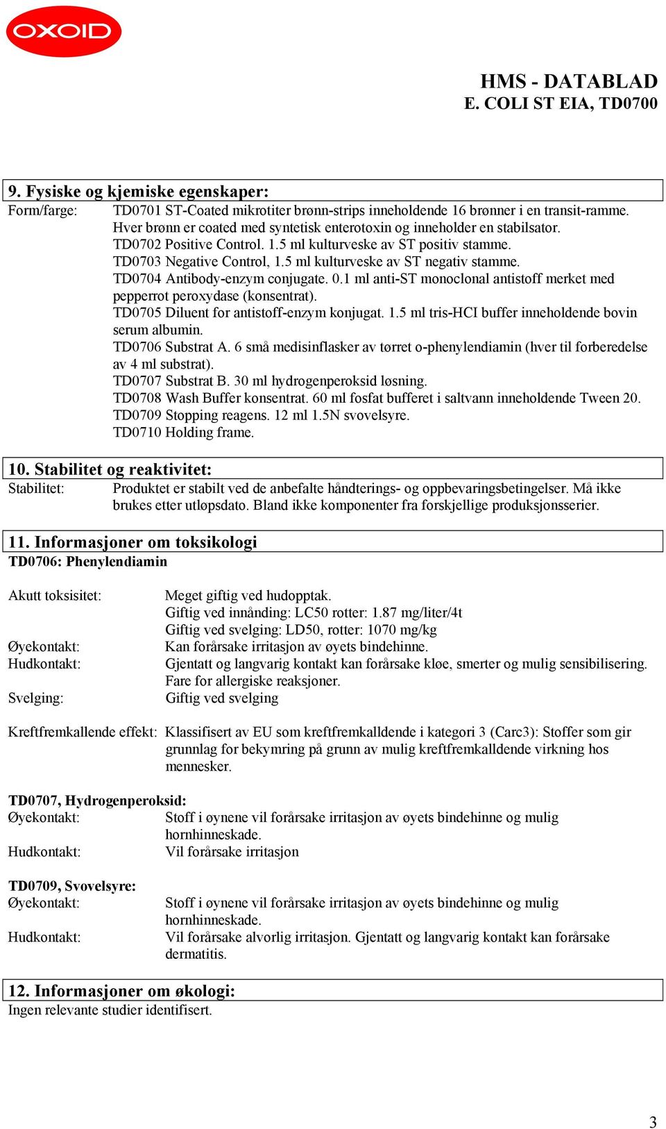 5 ml kulturveske av ST negativ stamme. TD0704 Antibody-enzym conjugate. 0.1 ml anti-st monoclonal antistoff merket med pepperrot peroxydase (konsentrat). TD0705 Diluent for antistoff-enzym konjugat.