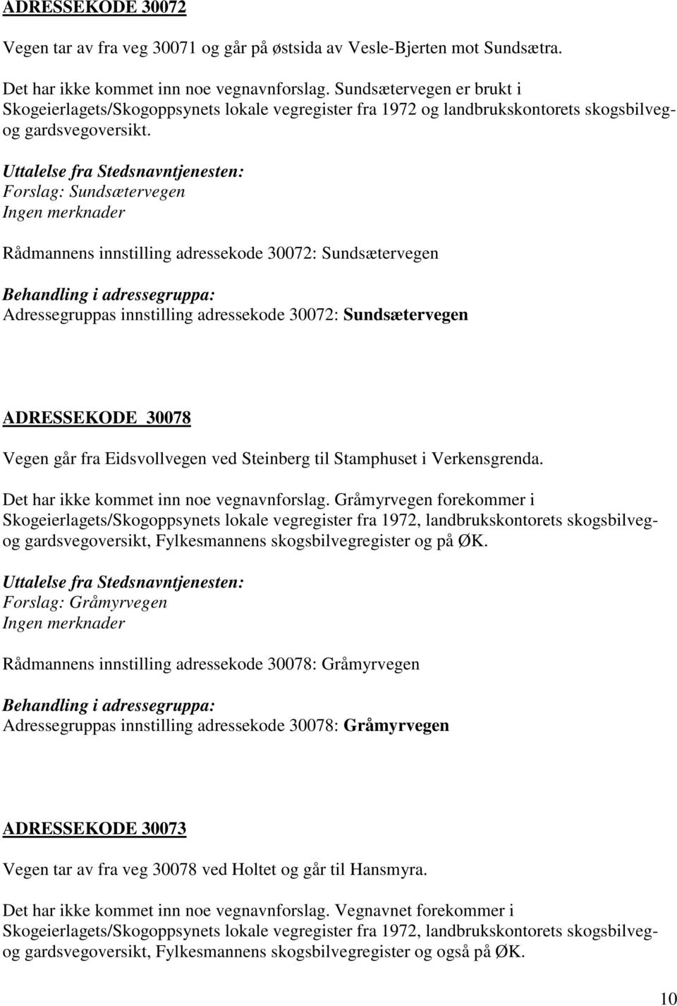 Forslag: Sundsætervegen Rådmannens innstilling adressekode 30072: Sundsætervegen Adressegruppas innstilling adressekode 30072: Sundsætervegen ADRESSEKODE 30078 Vegen går fra Eidsvollvegen ved