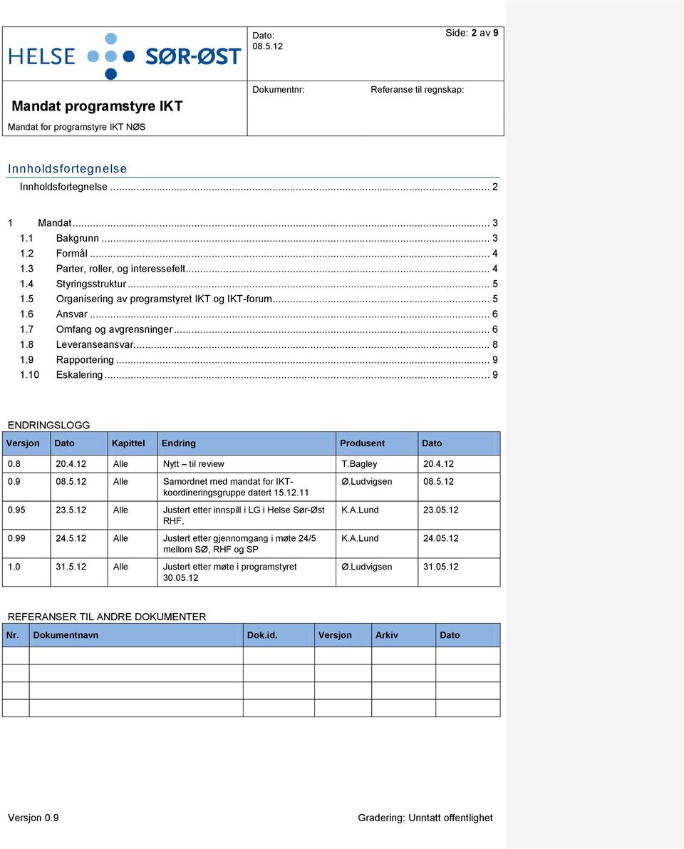 .. 9 ENDRINGSLOGG Versjon Dato Kapittel Endring Produsent Dato 0.8 20.4.12 Alle Nytt til review T.Bagley 20.4.12 0.9 08.5.12 Alle Samordnet med mandat for IKTkoordineringsgruppe datert 15.12.11 0.