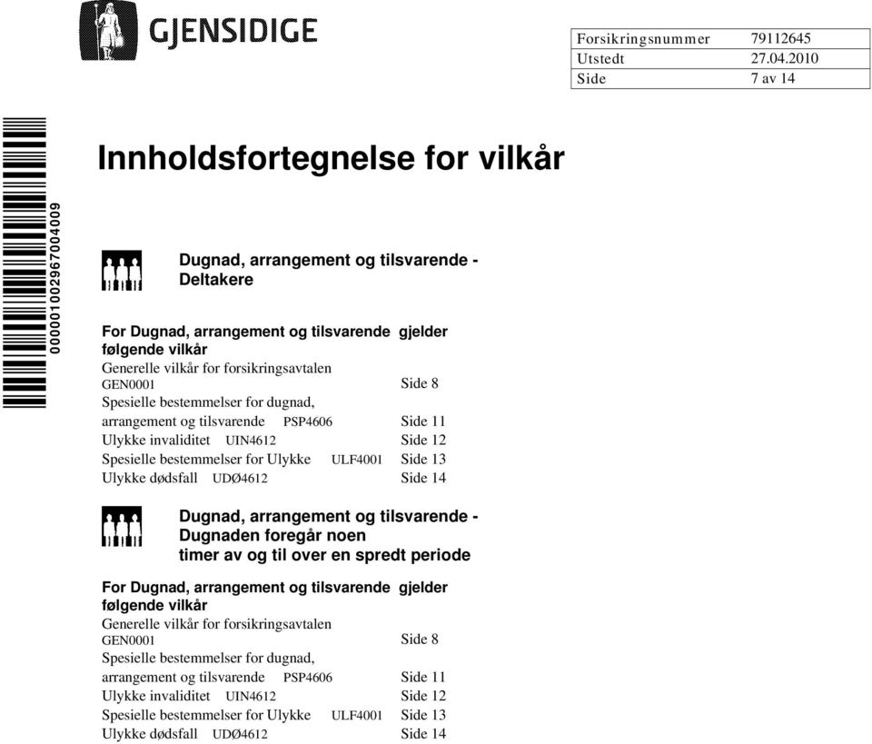 Ulykke dødsfall UDØ4612 Side 14 Dugnad, arrangement og tilsvarende - Dugnaden foregår noen timer av og til over en spredt periode For Dugnad, arrangement og tilsvarende gjelder følgende vilkår