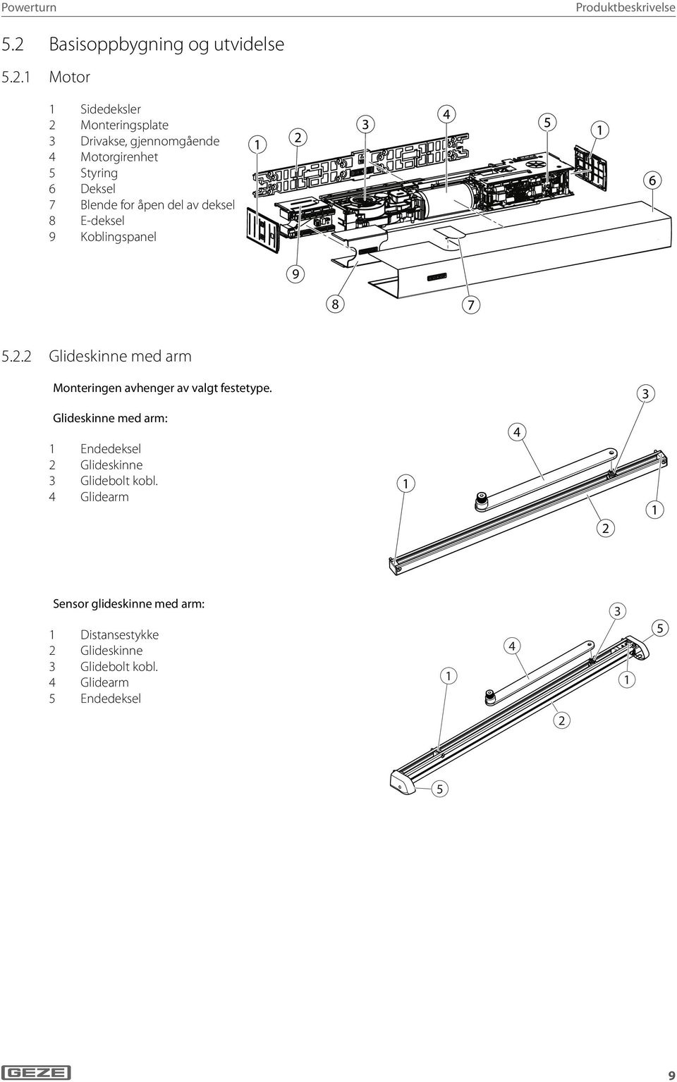 Motor Sidedeksler 2 Monteringsplate 3 Drivakse, gjennomgående 4 Motorgirenhet 5 Styring 6 Deksel 7 Blende for åpen del