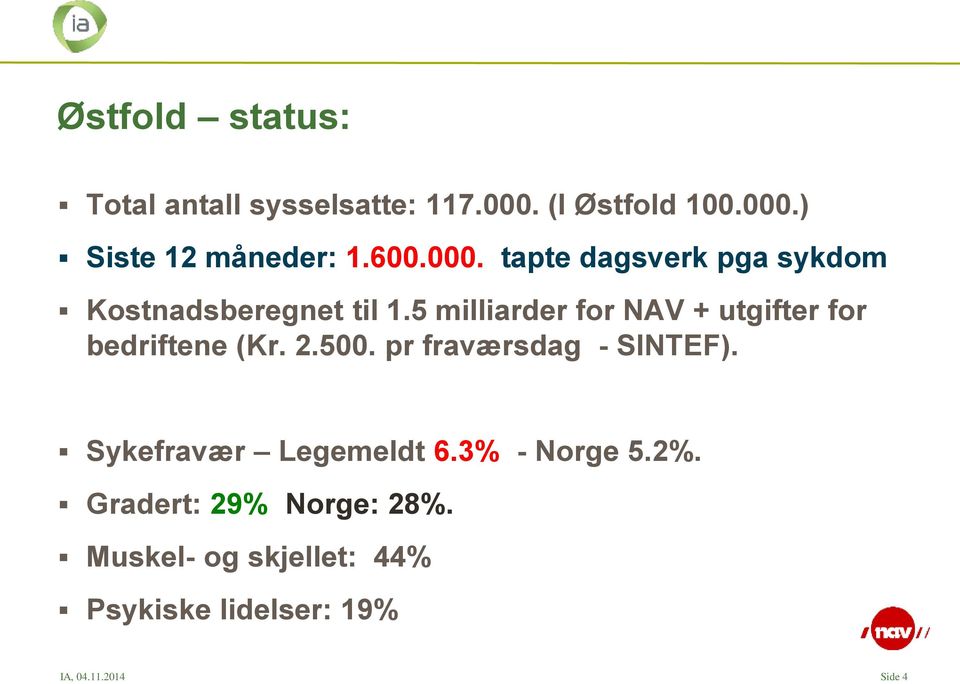 5 milliarder for NAV + utgifter for bedriftene (Kr. 2.500. pr fraværsdag - SINTEF).