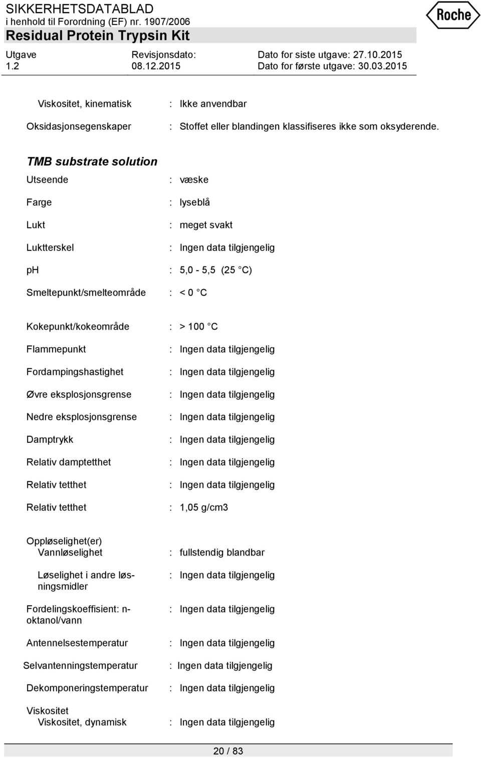 100 C Flammepunkt Fordampingshastighet Øvre eksplosjonsgrense Nedre eksplosjonsgrense Damptrykk Relativ damptetthet Relativ tetthet Relativ tetthet : 1,05 g/cm3