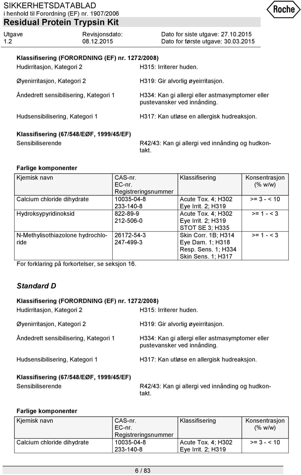 H334: Kan gi allergi eller astmasymptomer eller pustevansker ved innånding. H317: Kan utløse en allergisk hudreaksjon.