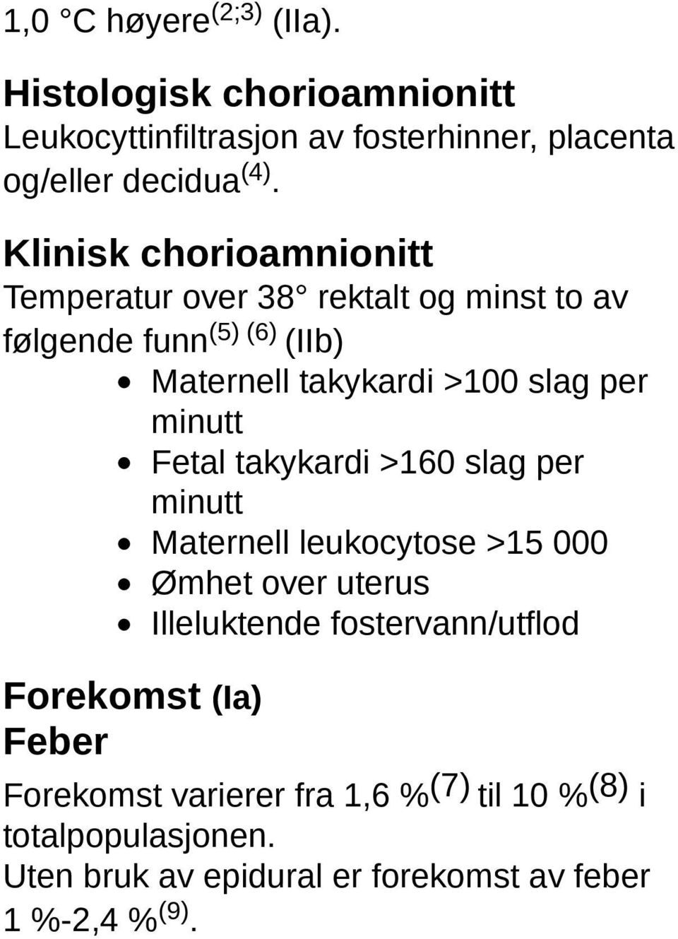 minutt Fetal takykardi >160 slag per minutt Maternell leukocytose >15 000 Ømhet over uterus Illeluktende fostervann/utflod