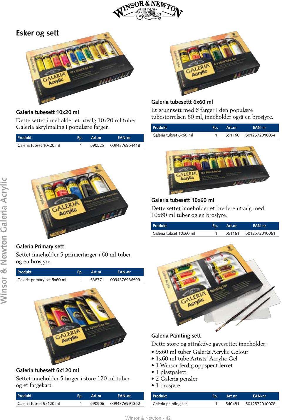 Galeria tubset 6x60 ml 1 551160 5012572010054 Winsor & Newton Galeria Acrylic Galeria Primary sett Settet inneholder 5 primærfarger i 60 ml tuber og en brosjyre.