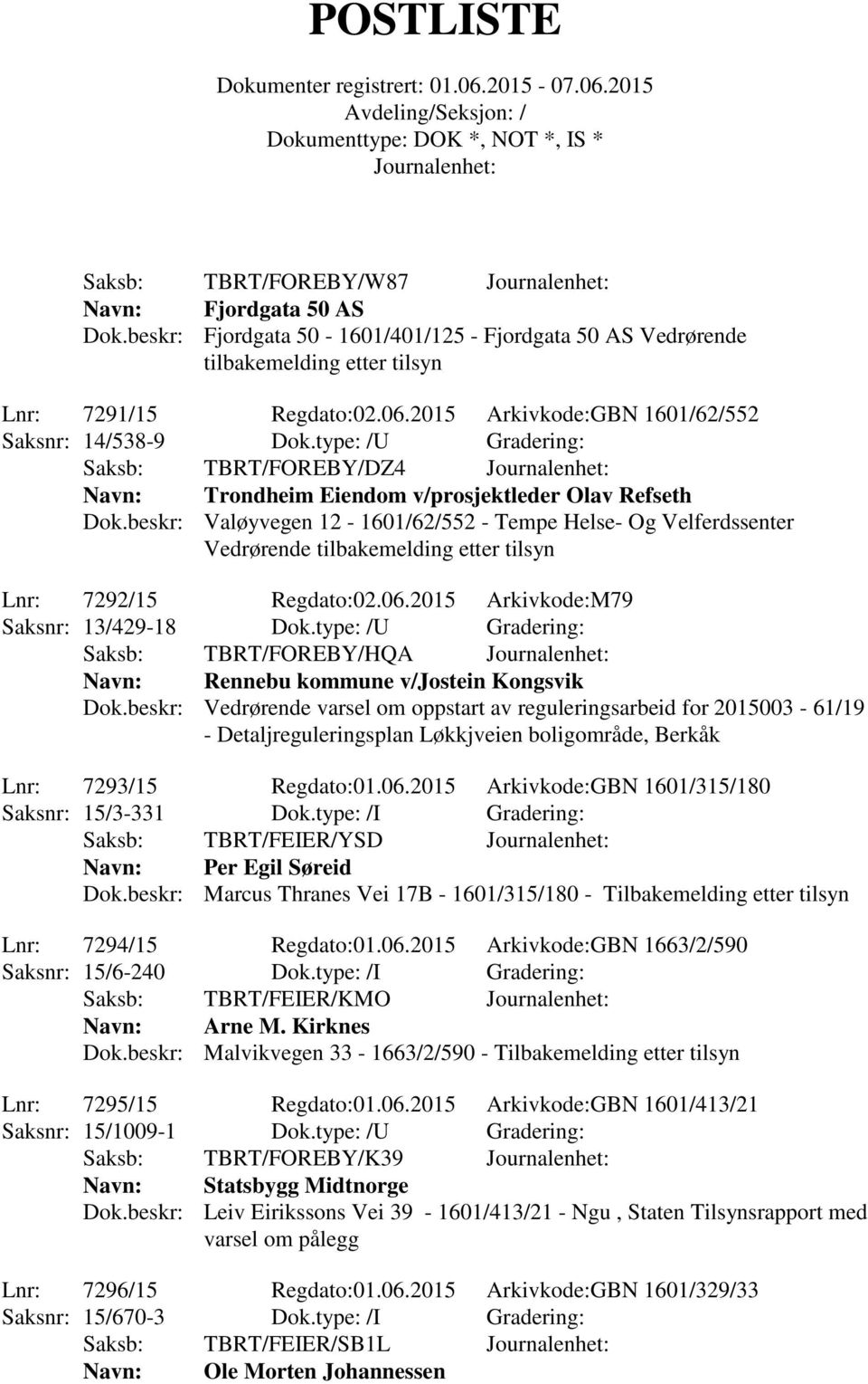 beskr: Valøyvegen 12-1601/62/552 - Tempe Helse- Og Velferdssenter Vedrørende tilbakemelding etter tilsyn Lnr: 7292/15 Regdato:02.06.2015 Arkivkode:M79 Saksnr: 13/429-18 Dok.