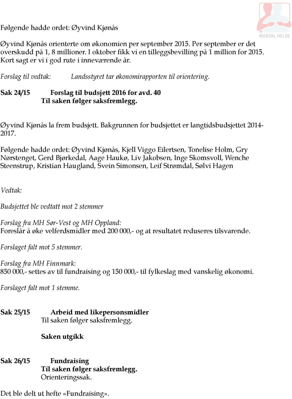 Sak 24/15 Forslag til budsjett 2016 for avd. 40 Øyvind Kjønås la frem budsjett. Bakgrunnen for budsjettet er langtidsbudsjettet 2014-2017.