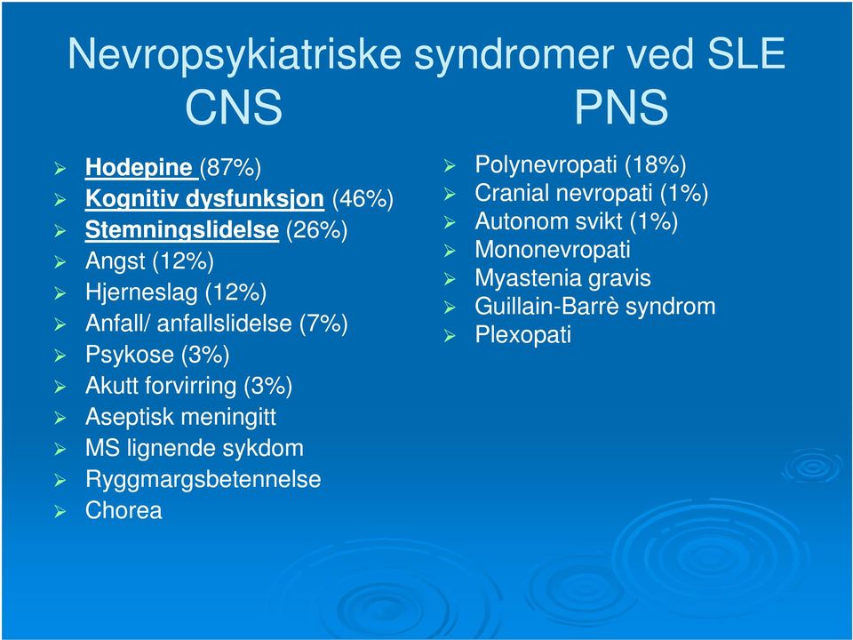 Akutt forvirring (3%) Aseptisk meningitt MS lignende sykdom Ryggmargsbetennelse Chorea