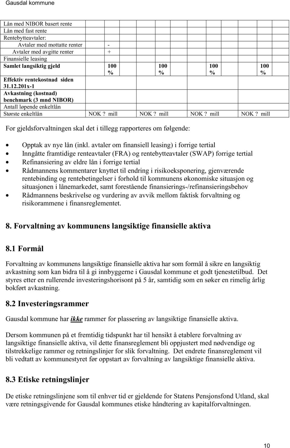 mill? mill? mill 100 % For gjeldsforvaltningen skal det i tillegg rapporteres om følgende: Opptak av nye lån (inkl.