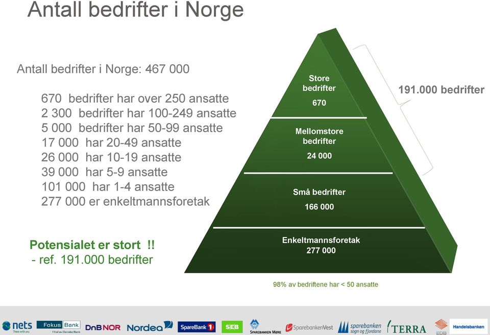 har 1-4 ansatte 277 000 er enkeltmannsforetak Store bedrifter 670 Mellomstore bedrifter 24 000 Små bedrifter 166 000 191.