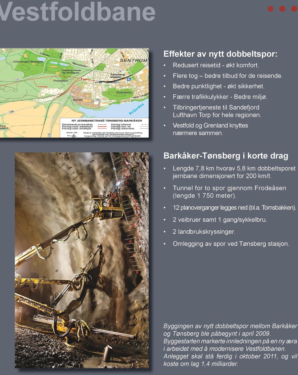 Barkåker-Tønsberg i korte drag Lengde 7,8 km hvorav 5,8 km dobbeltsporet jernbane dimensjonert for 200 km/t. Tunnel for to spor gjennom Frodeåsen (lengde 1 750 meter).