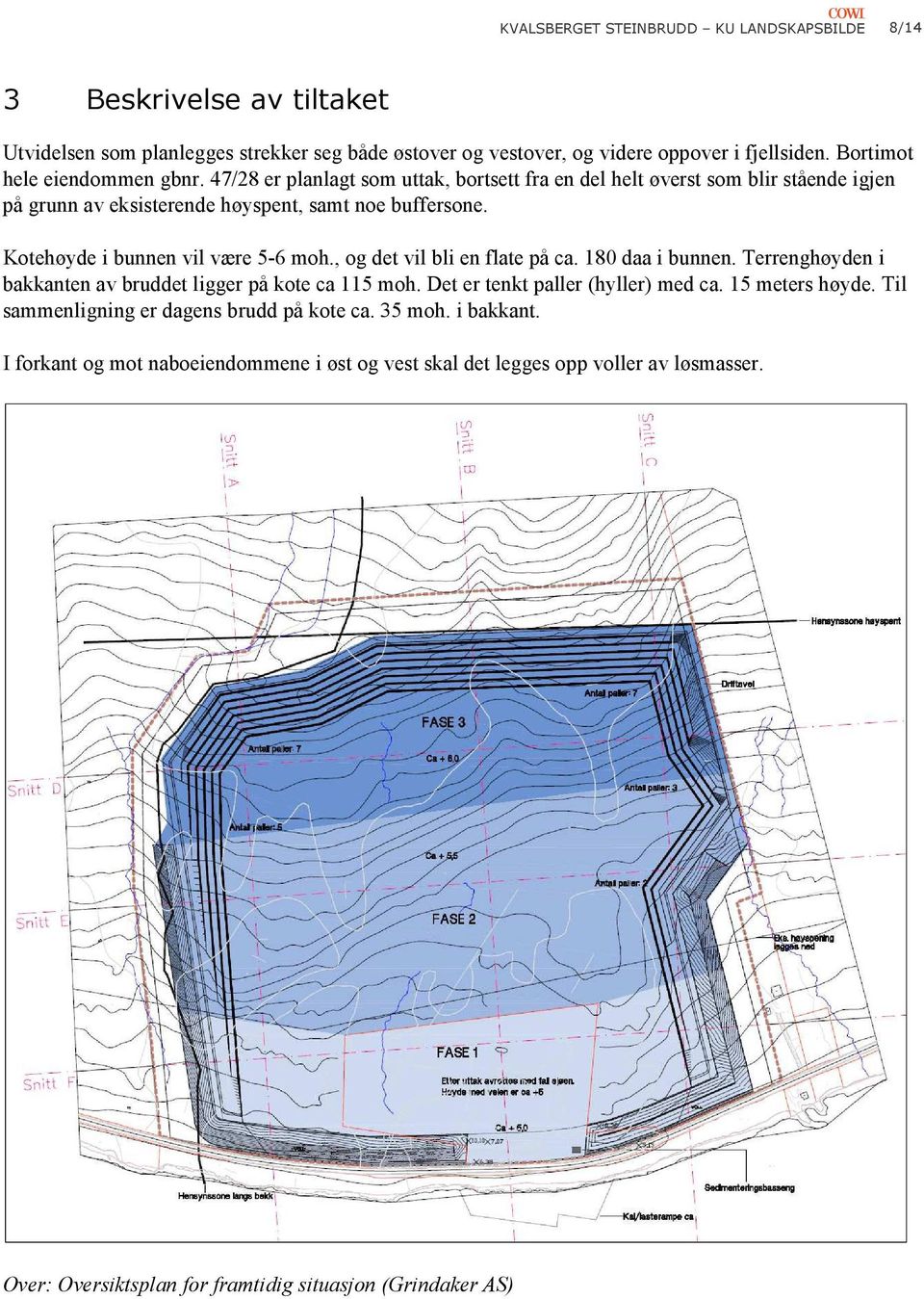 Kotehøyde i bunnen vil være 5-6 moh., og det vil bli en flate på ca. 180 daa i bunnen. Terrenghøyden i bakkanten av bruddet ligger på kote ca 115 moh. Det er tenkt paller (hyller) med ca.