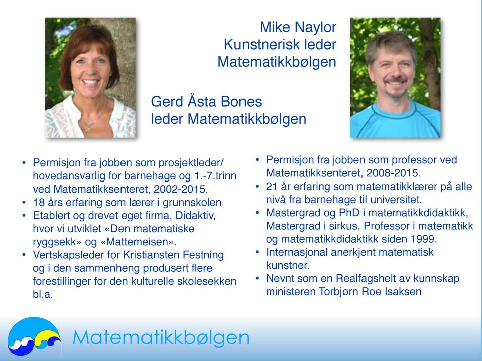 ved Matematikksenteret, 2002-2015. 21 år erfaring som matematikklærer på alle 18 års erfaring som lærer i grunnskolen nivå fra barnehage til universitet.