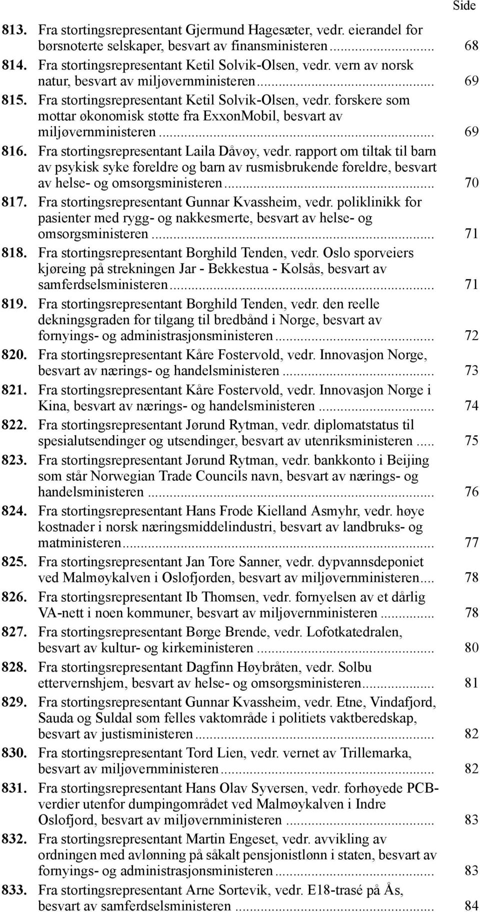 .. 69 816. Fra stortingsrepresentant Laila Dåvøy, vedr. rapport om tiltak til barn av psykisk syke foreldre og barn av rusmisbrukende foreldre, besvart av helse- og omsorgsministeren... 70 817.