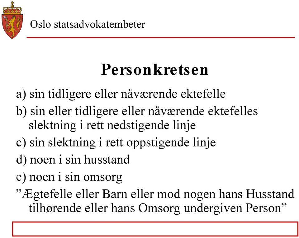 rett oppstigende linje d) noen i sin husstand e) noen i sin omsorg Ægtefelle