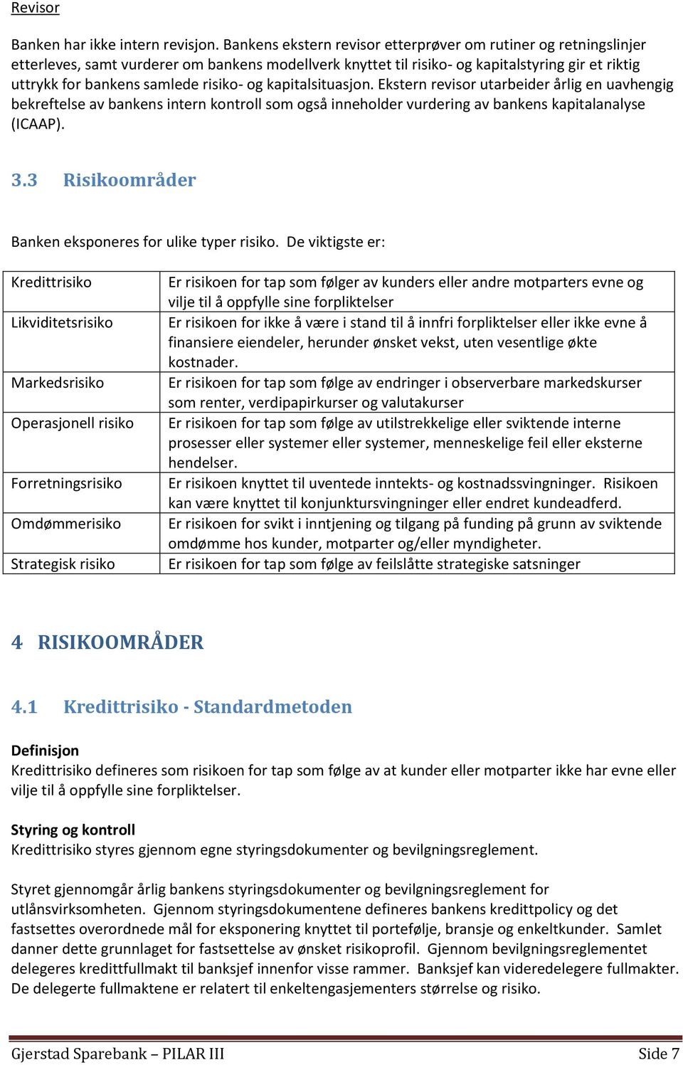 risiko- og kapitalsituasjon. Ekstern revisor utarbeider årlig en uavhengig bekreftelse av bankens intern kontroll som også inneholder vurdering av bankens kapitalanalyse (ICAAP). 3.