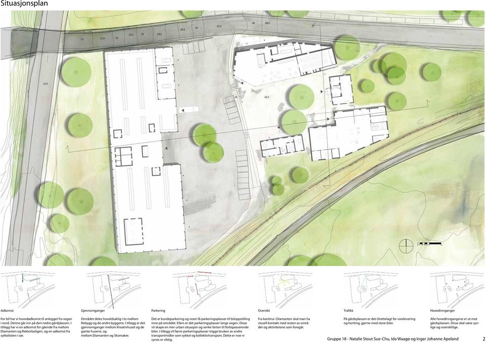 I tillegg er det gjennomganger mellom Kreativhuset og de gamle husene, og mellom Diamanten og Skomaker. Det er kundeparkering og noen få parkeringsplasser til biloppstilling inne på området.