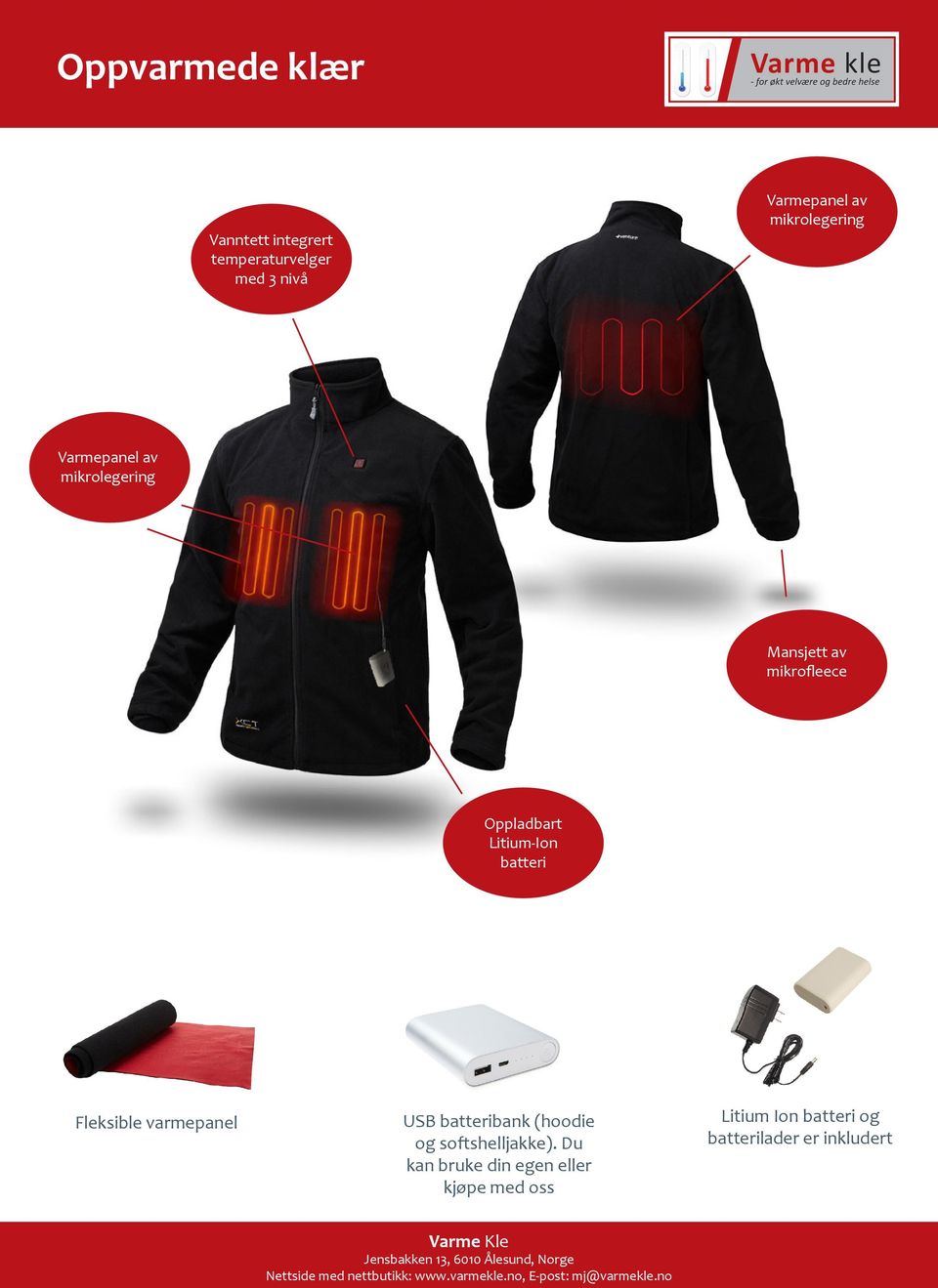 Litium-Ion batteri Fleksible varmepanel USB batteribank (hoodie og