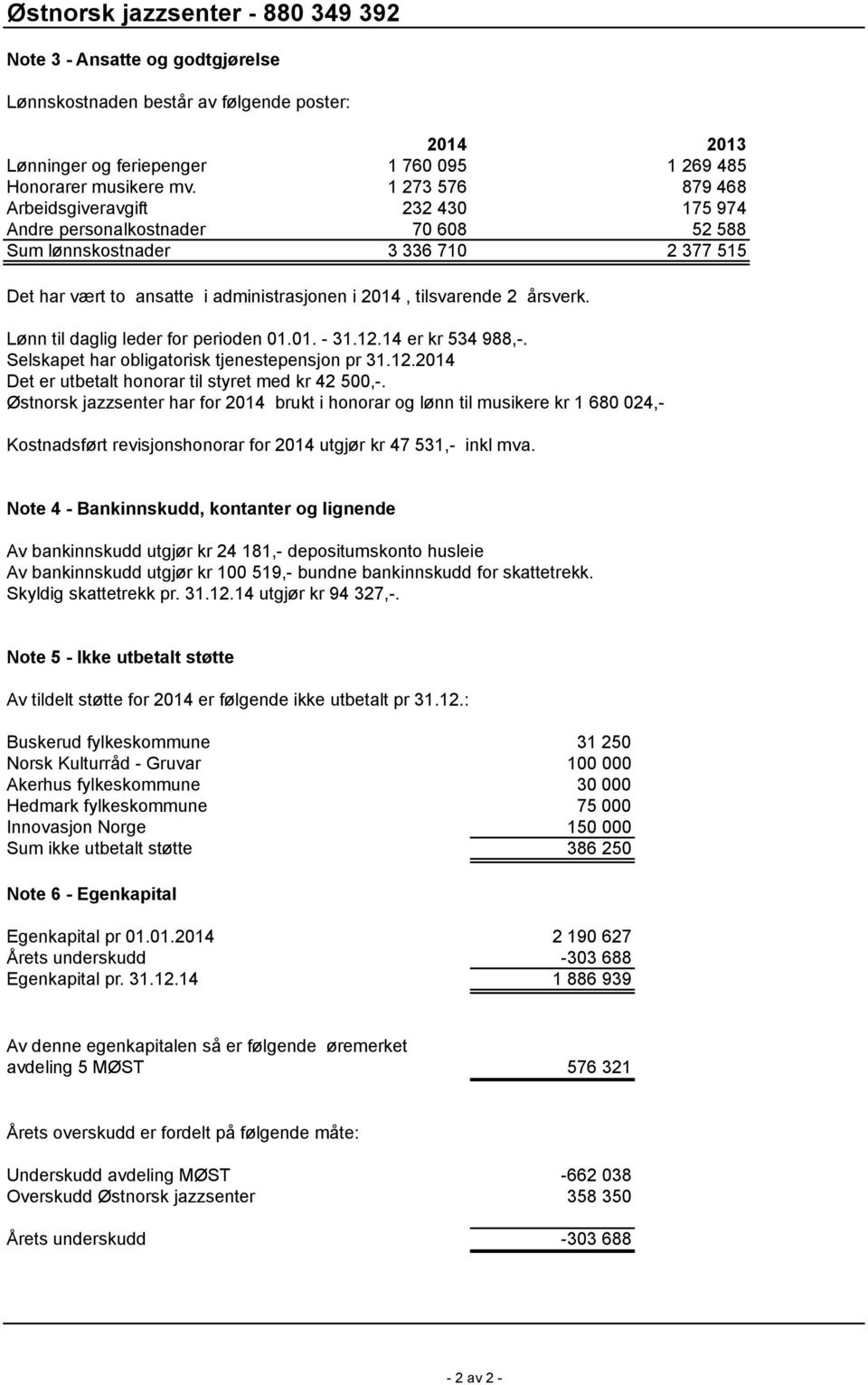 årsverk. Lønn til daglig leder for perioden 01.01. - 31.12.14 er kr 534 988,-. Selskapet har obligatorisk tjenestepensjon pr 31.12.2014 Det er utbetalt honorar til styret med kr 42 500,-.