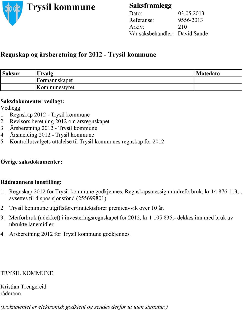 Vedlegg: 1 Regnskap 2012 - Trysil kommune 2 Revisors beretning 2012 om årsregnskapet 3 Årsberetning 2012 - Trysil kommune 4 Årsmelding 2012 - Trysil kommune 5 Kontrollutvalgets uttalelse til Trysil