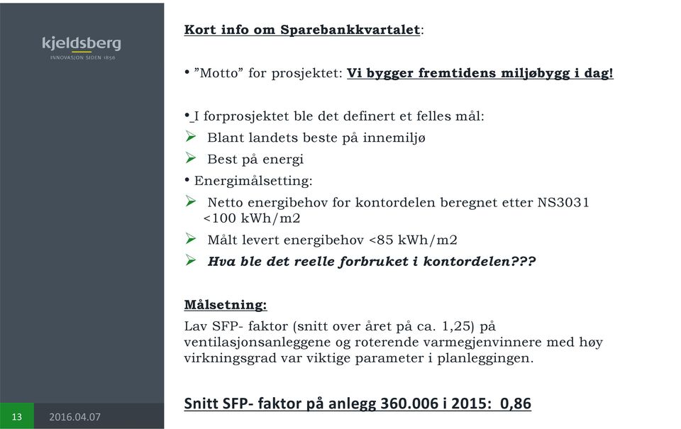 kontordelen beregnet etter NS3031 <100 kwh/m2 Målt levert energibehov <85 kwh/m2 Hva ble det reelle forbruket i kontordelen?