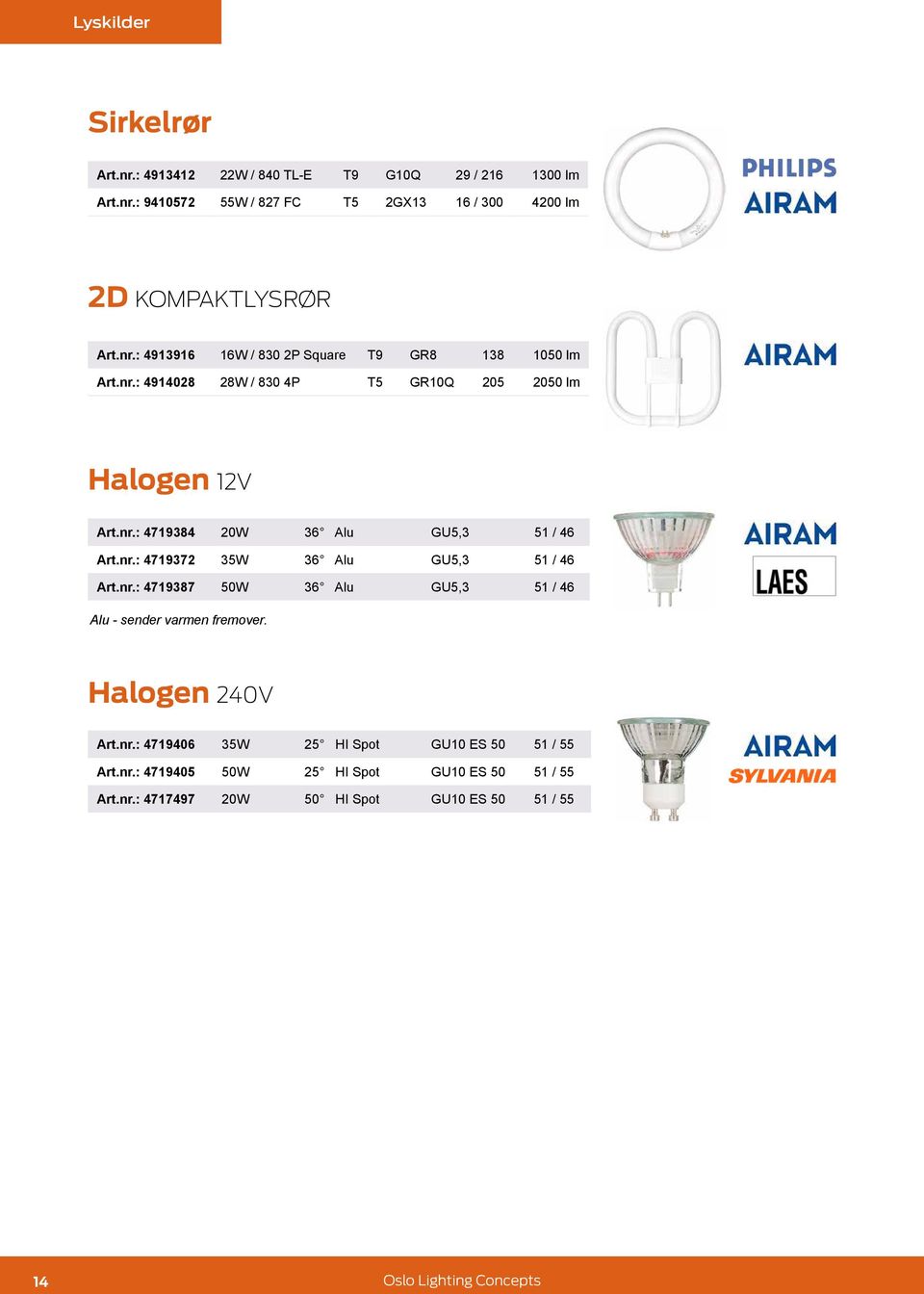 nr.: 4719372 35W 36 Alu GU5,3 51 / 46 Art.nr.: 4719387 50W 36 Alu GU5,3 51 / 46 Alu - sender varmen fremover. Halogen 240V Art.nr.: 4719406 35W 25 HI Spot GU10 ES 50 51 / 55 Art.