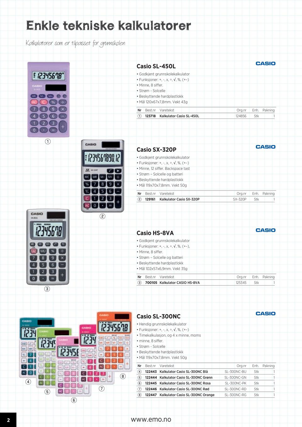 Vekt 50g 96 Kalkulator Casio SX-0P SX-0P Stk Casio HS-8VA Godkjent grunnskolekalkulator Funksjoner: +, -, x,,, %, (+ ), Minne, 8 siffer. Strøm Solcelle og batteri Mål 0x57x6,9mm.