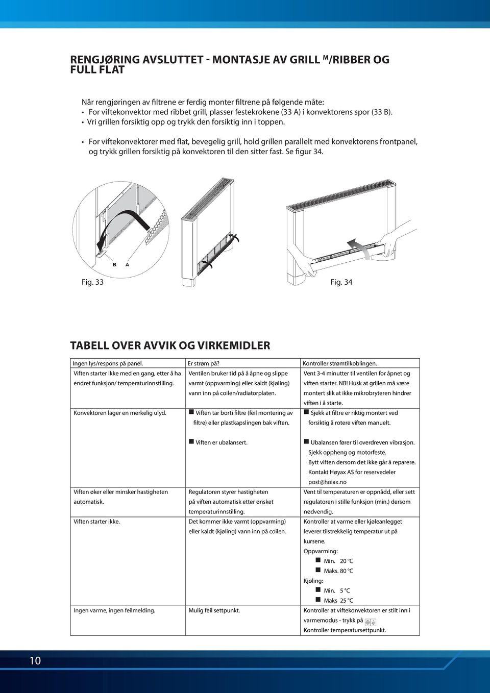 For viftekonvektorer med flat, bevegelig grill, hold grillen parallelt med konvektorens frontpanel, og trykk grillen forsiktig på konvektoren til den sitter fast. Se figur 34. Fig. 33 Fig.