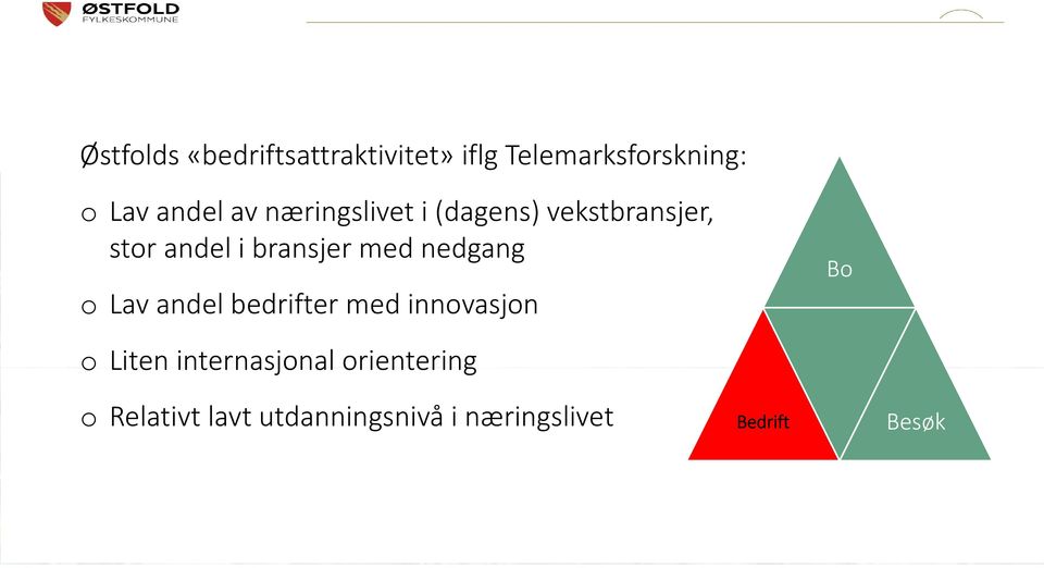 nedgang o Lav andel bedrifter med innovasjon Bo o Liten internasjonal