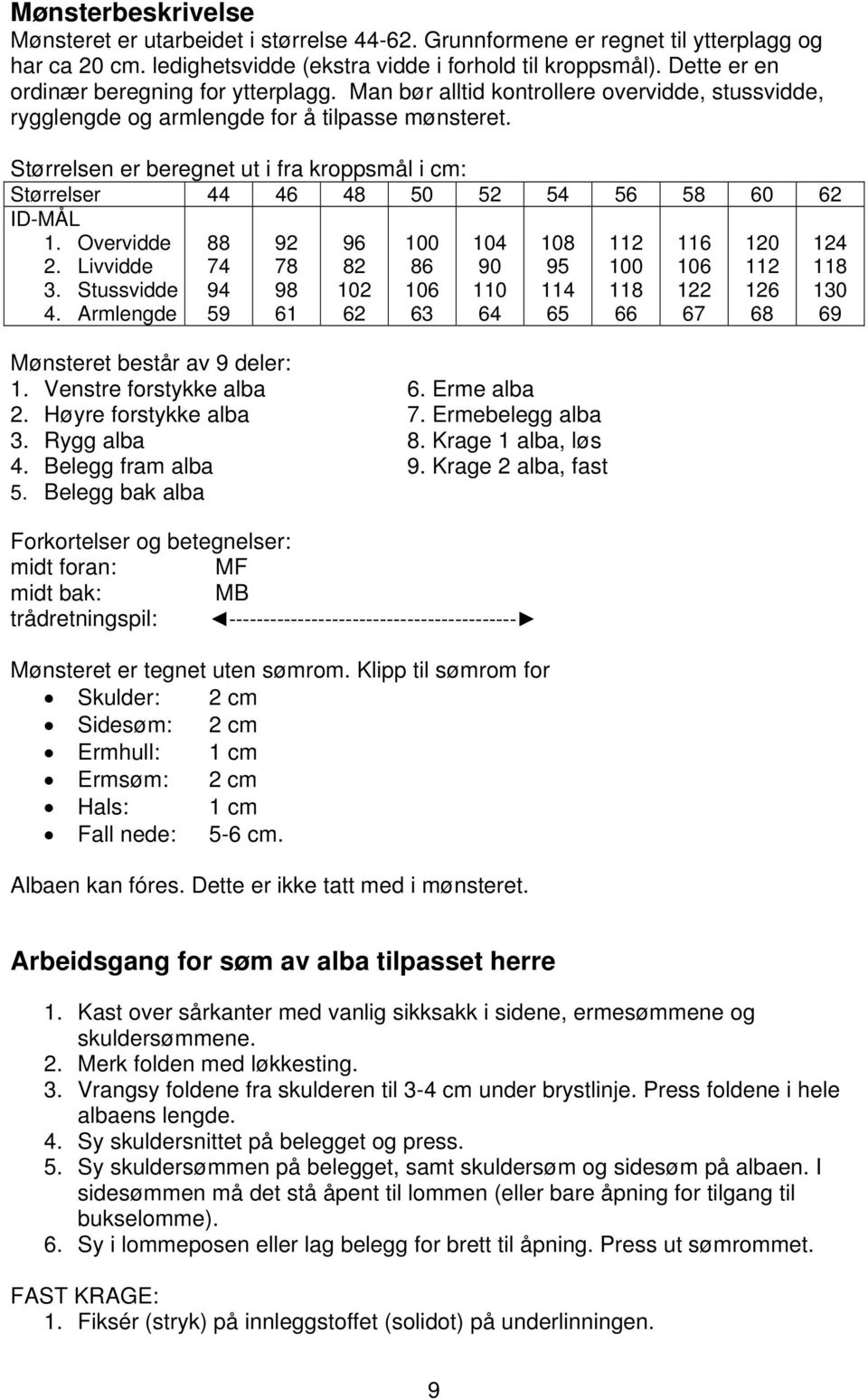 Størrelsen er beregnet ut i fra kroppsmål i cm: Størrelser 44 46 48 50 52 54 56 58 60 62 ID-MÅL 1. Overvidde 2. Livvidde 3. Stussvidde 4.