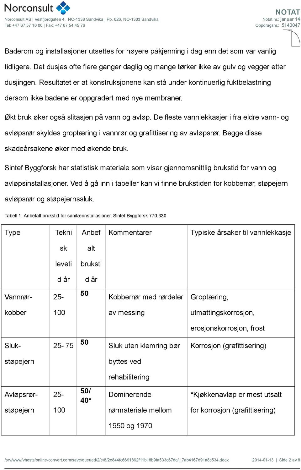 De fleste vannlekkasjer i fra eldre vann- og avløpsrør skyldes groptæring i vannrør og grafittisering av avløpsrør. Begge disse skadeårsakene øker med økende bruk.