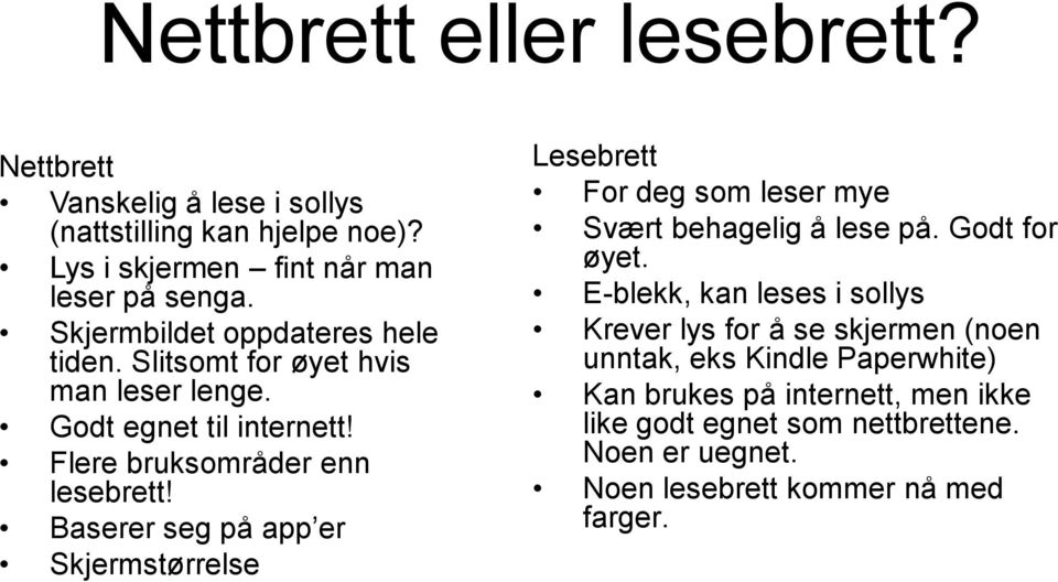 Baserer seg på app er Skjermstørrelse Lesebrett For deg som leser mye Svært behagelig å lese på. Godt for øyet.