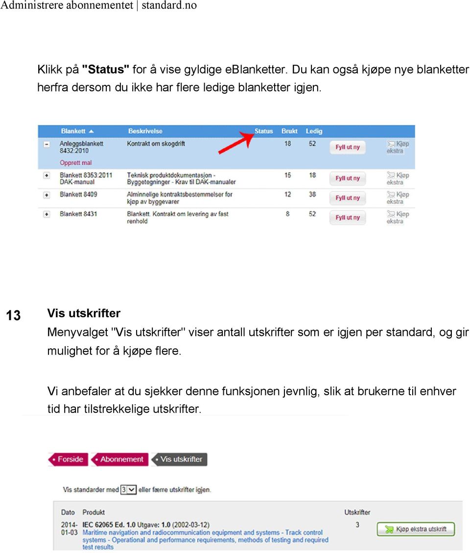 13 Vis utskrifter Menyvalget "Vis utskrifter" viser antall utskrifter som er igjen per standard,