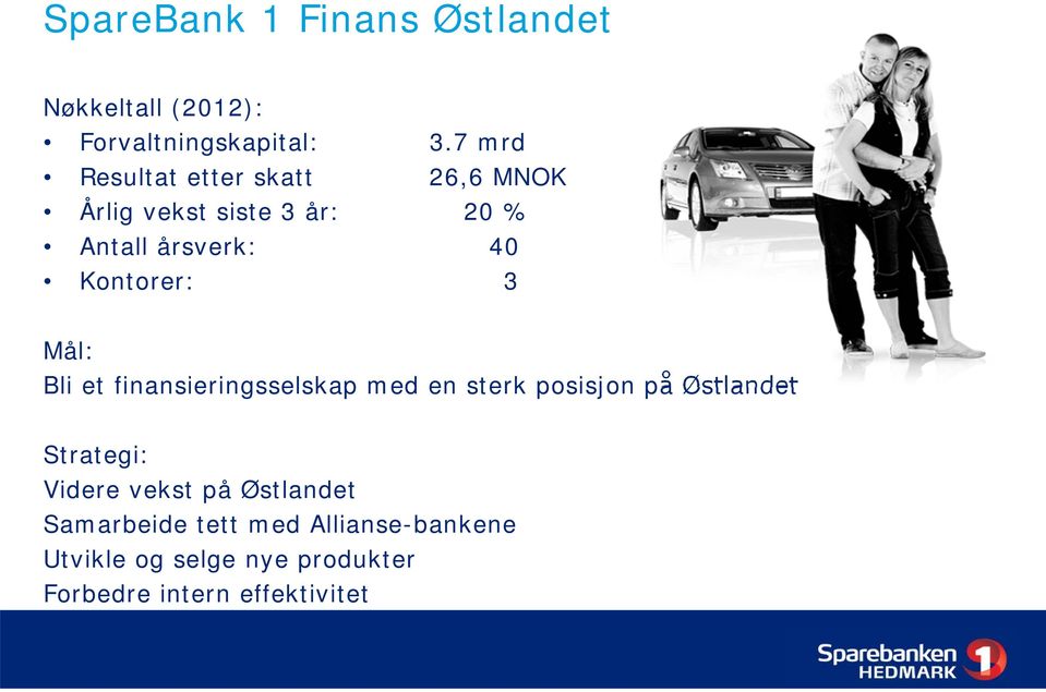 Kontorer: 3 Mål: Bli et finansieringsselskap med en sterk posisjon på Østlandet Strategi: