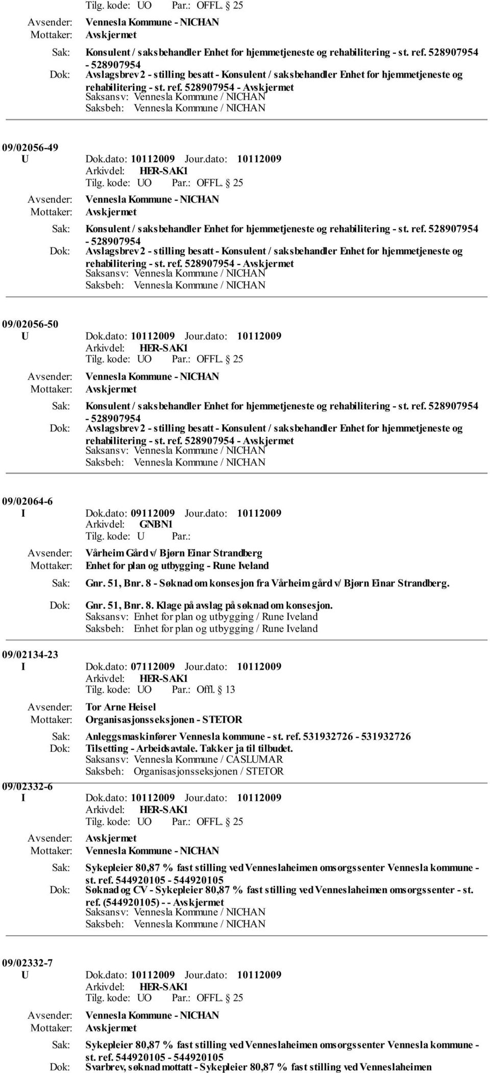 dato: Konsulent / saksbehandler Enhet for hjemmetjeneste og rehabilitering - st. ref. 528907954 09/02064-6 I Dok.dato: 09112009 Arkivdel: GNBN1 Jour.