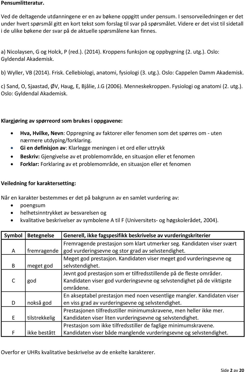 b) Wyller, VB (2014). Frisk. Cellebiologi, anatomi, fysiologi (3. utg.). Oslo: Cappelen Damm Akademisk. c) Sand, O, Sjaastad, ØV, Haug, E, Bjålie, J.G (2006). Menneskekroppen. Fysiologi og anatomi (2.