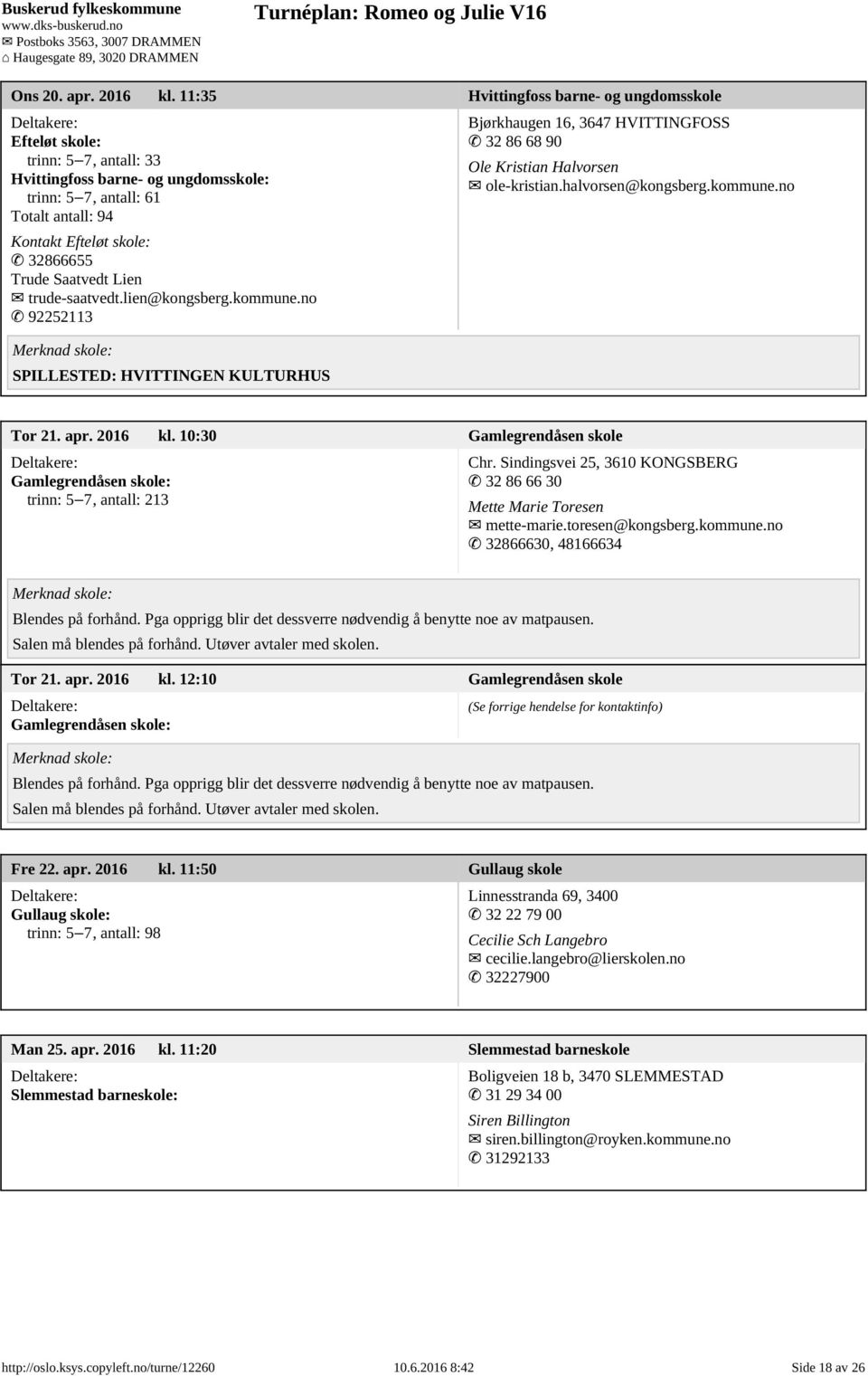 Saatvedt Lien trude-saatvedt.lien@kongsberg.kommune.no 92252113 SPILLESTED: HVITTINGEN KULTURHUS Bjørkhaugen 16, 3647 HVITTINGFOSS 32 86 68 90 Ole Kristian Halvorsen ole-kristian.halvorsen@kongsberg.