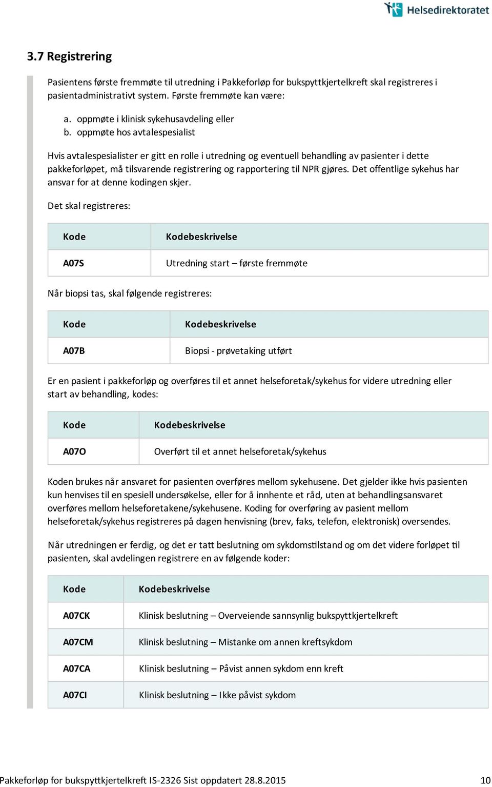 oppmøte hos avtalespesialist Hvis avtalespesialister er gitt en rolle i utredning og eventuell behandling av pasienter i dette pakkeforløpet, må tilsvarende registrering og rapportering til NPR