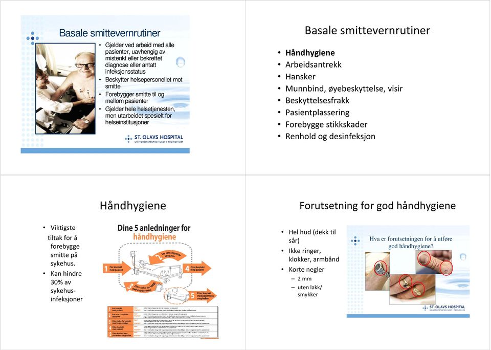 Munnbind, øyebeskyttelse, visir Beskyttelsesfrakk Pasientplassering Forebygge stikkskader Renhold og desinfeksjon Håndhygiene Forutsetning for god håndhygiene Viktigste tiltak for å