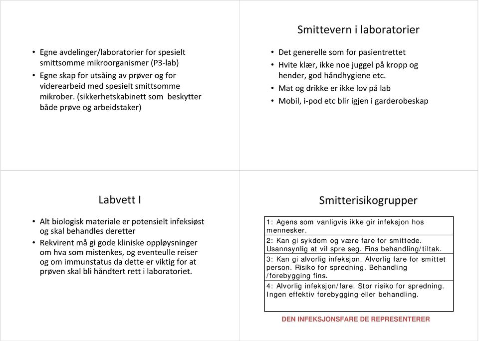 Mat og drikke er ikke lov på lab Mobil, i pod etc blir igjen i garderobeskap Labvett I Alt biologisk materiale er potensielt infeksiøst og skal behandles deretter Rekvirent må gi gode kliniske