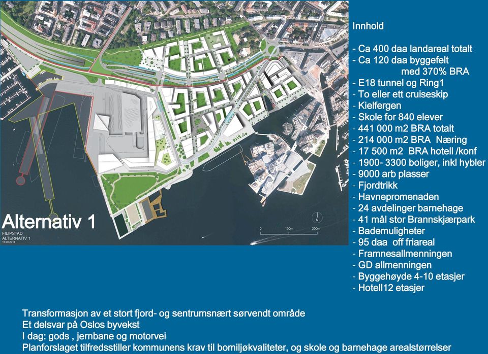 stor Brannskjærpark - Bademuligheter - 95 daa off friareal - Framnesallmenningen - GD allmenningen - Byggehøyde 4-10 etasjer - Hotell12 etasjer Transformasjon av et stort fjord- og