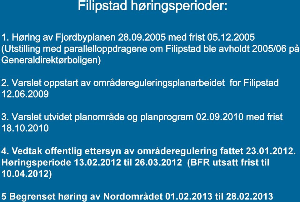 Varslet oppstart av områdereguleringsplanarbeidet for Filipstad 12.06.2009 3. Varslet utvidet planområde og planprogram 02.09.2010 med frist 18.