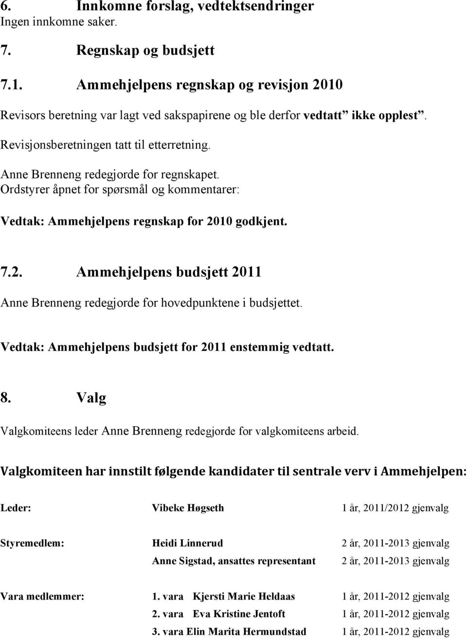 Anne Brenneng redegjorde for regnskapet. Ordstyrer åpnet for spørsmål og kommentarer: Vedtak: Ammehjelpens regnskap for 20