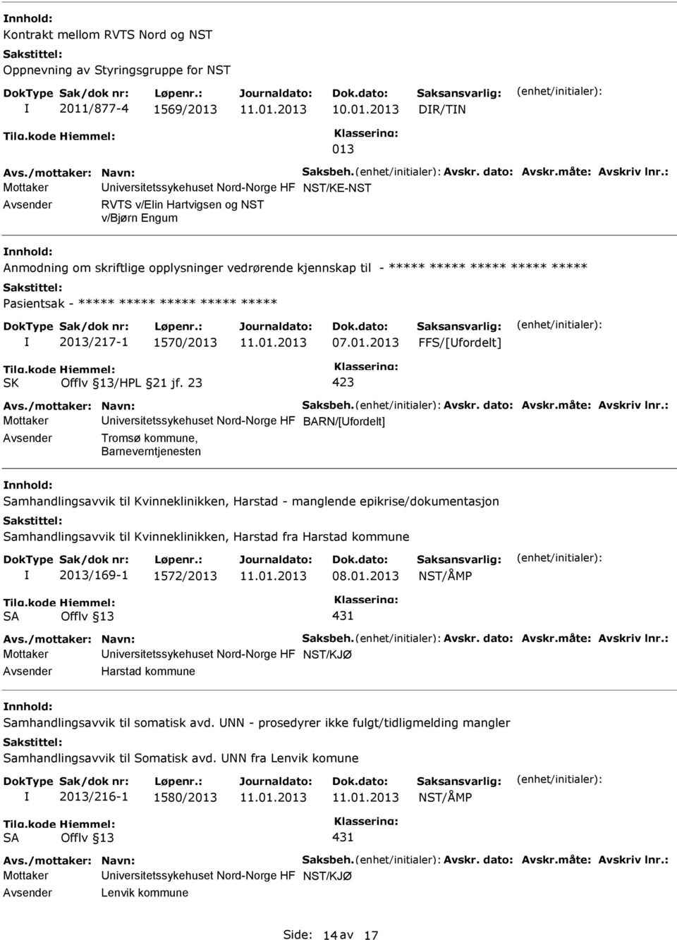 ***** ***** 2013/217-1 1570/2013 07.01.2013 FFS/[fordelt] Avs./mottaker: Navn: Saksbeh. Avskr. dato: Avskr.måte: Avskriv lnr.