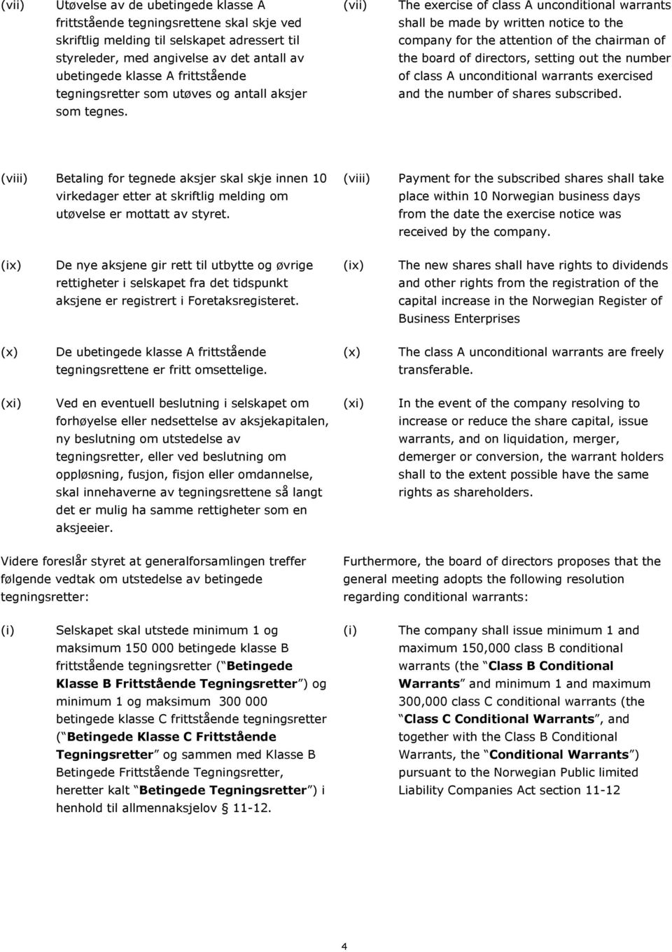 A unconditional warrants exercised tegningsretter som utøves og antall aksjer and the number of shares subscribed. som tegnes.